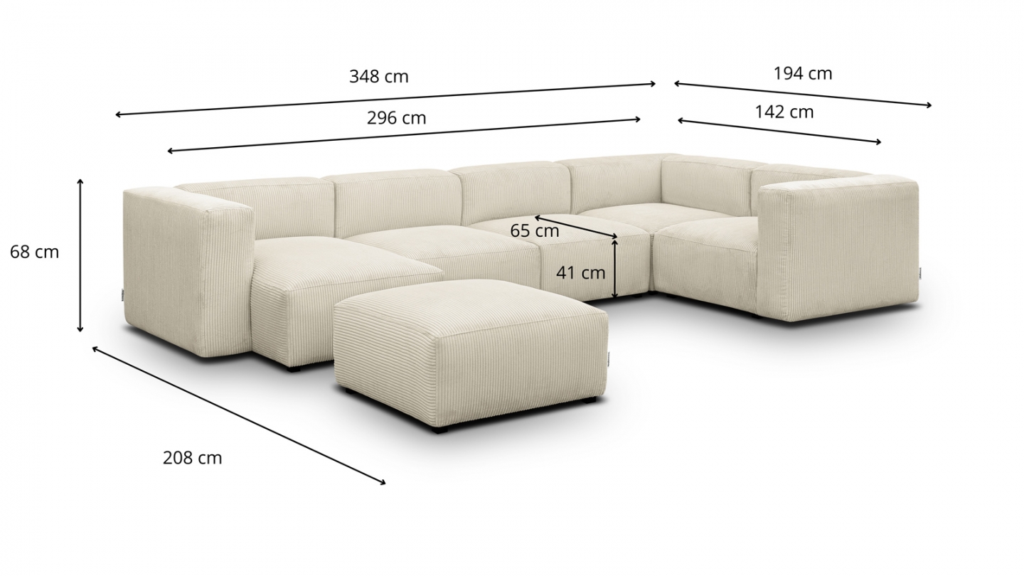 Canapé modulable panoramique 6 places avec méridienne à gauche + pouf en velours côtelé beige - Modulo