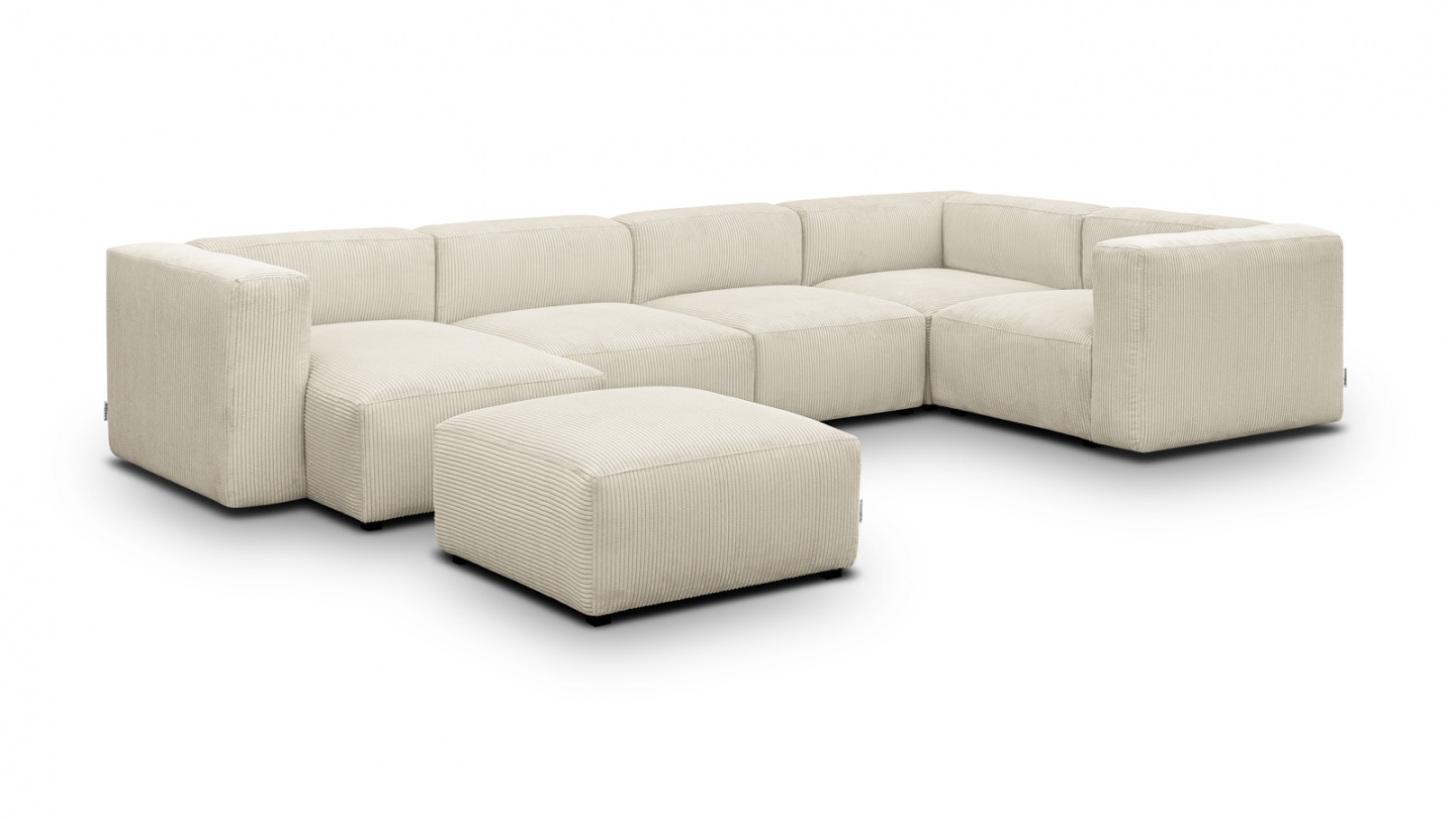 Canapé modulable panoramique 6 places avec méridienne à gauche + pouf en velours côtelé beige - Modulo