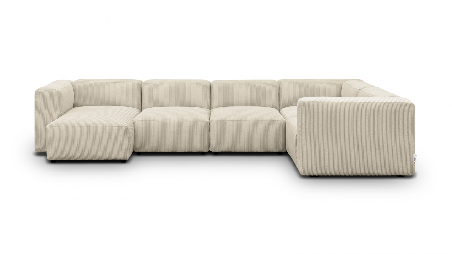 Canapé modulable panoramique 6 places avec méridienne à gauche + pouf en velours côtelé beige - Modulo