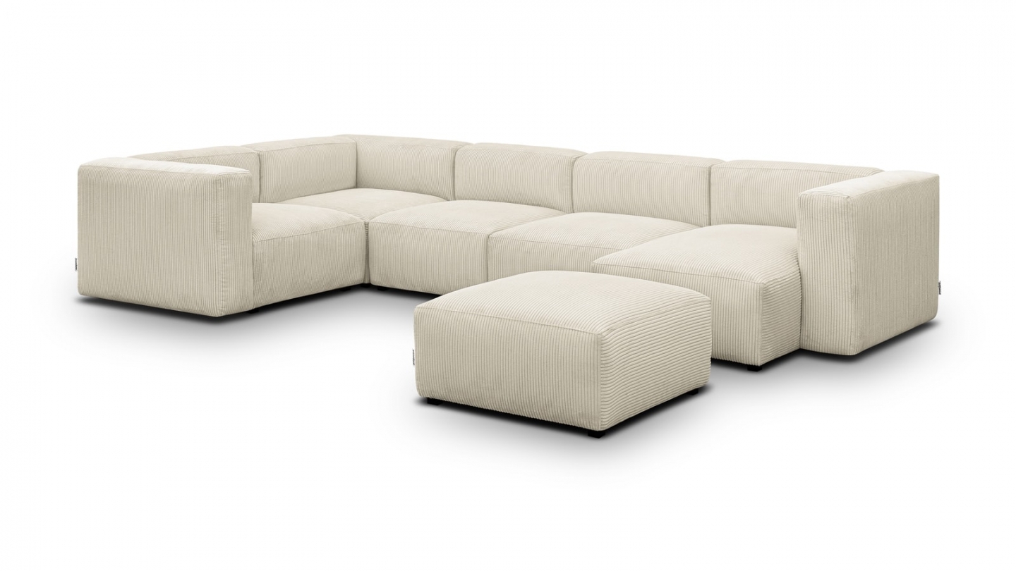 Canapé modulable panoramique 6 places avec méridienne à droite + pouf en velours côtelé beige - Modulo