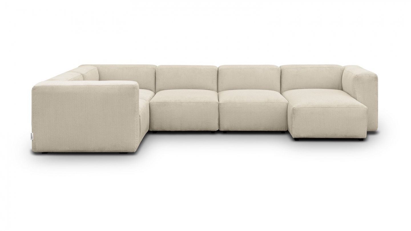 Canapé modulable panoramique 6 places avec méridienne à droite + pouf en velours côtelé beige - Modulo