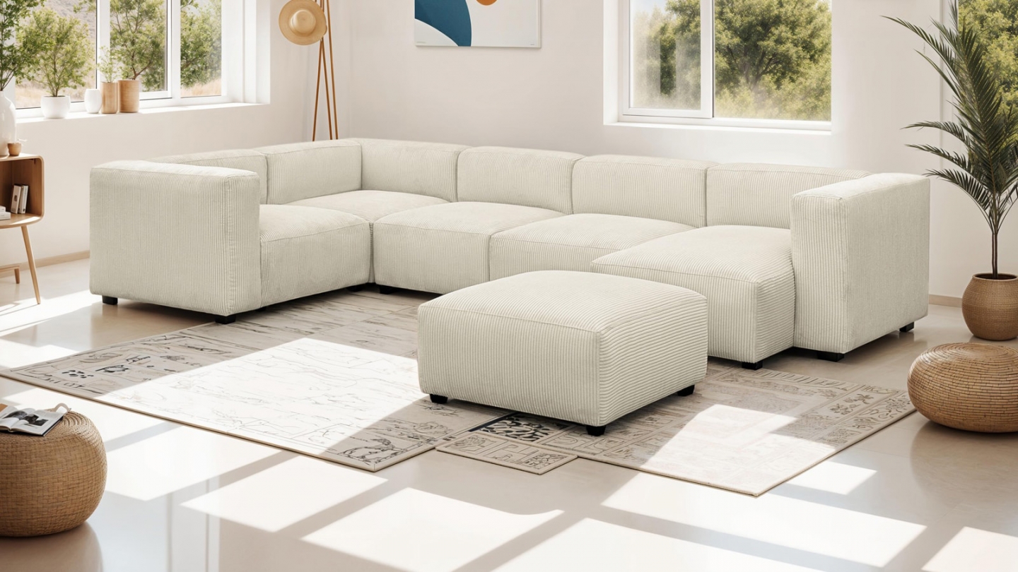 Canapé modulable panoramique 6 places avec méridienne à droite + pouf en velours côtelé beige - Modulo