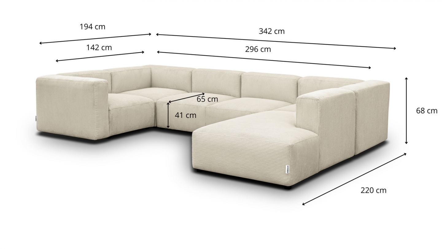 Canapé modulable panoramique 9 places ouvert à droite + pouf en velours côtelé beige - Modulo