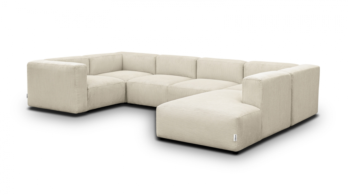 Canapé modulable panoramique 9 places ouvert à droite + pouf en velours côtelé beige - Modulo