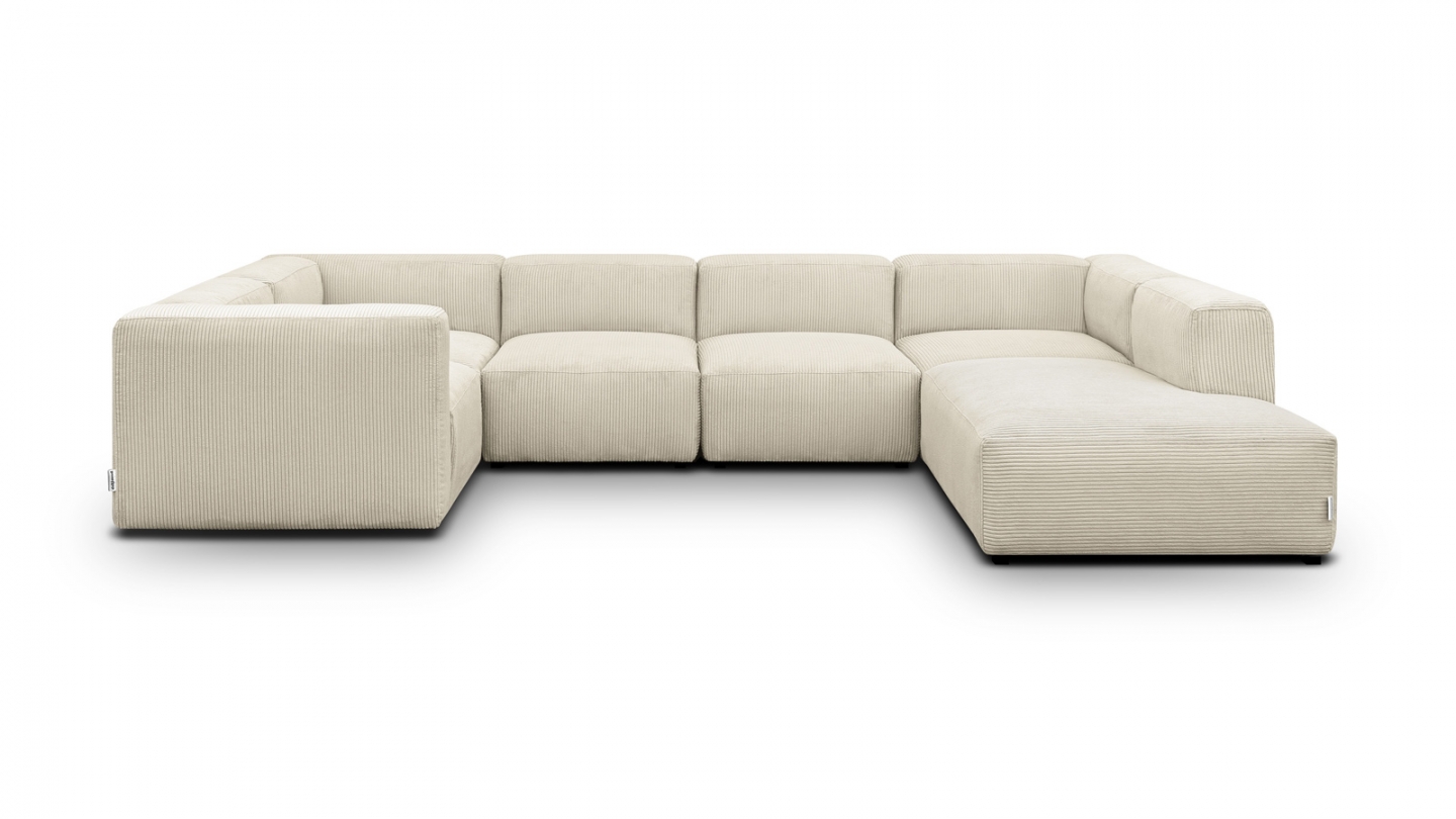Canapé modulable panoramique 9 places ouvert à droite + pouf en velours côtelé beige - Modulo