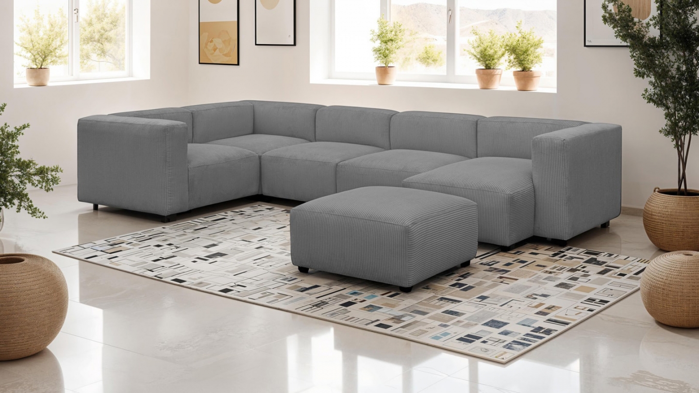 Canapé modulable panoramique 6 places avec méridienne à droite + pouf en velours côtelé gris clair - Modulo New