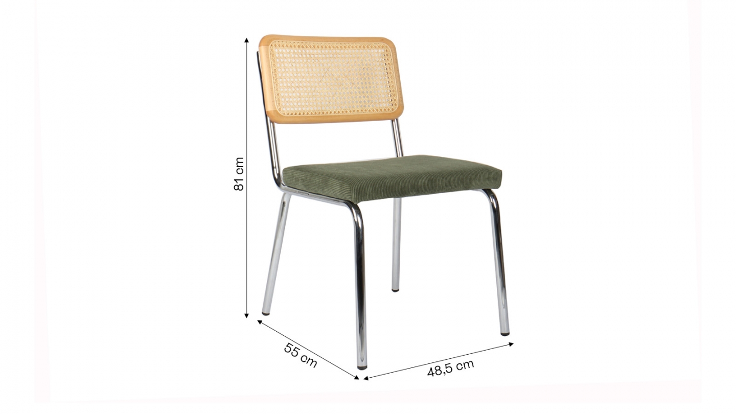 Lot de 2 chaises en acier chromé, cannage naturel et velours côtelé vert - Paula