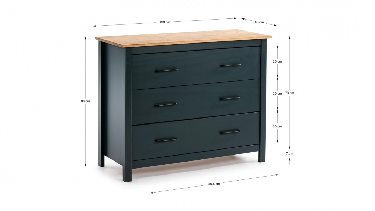 Commode 3 tiroirs en bois massif bleu 100 cm - Ida