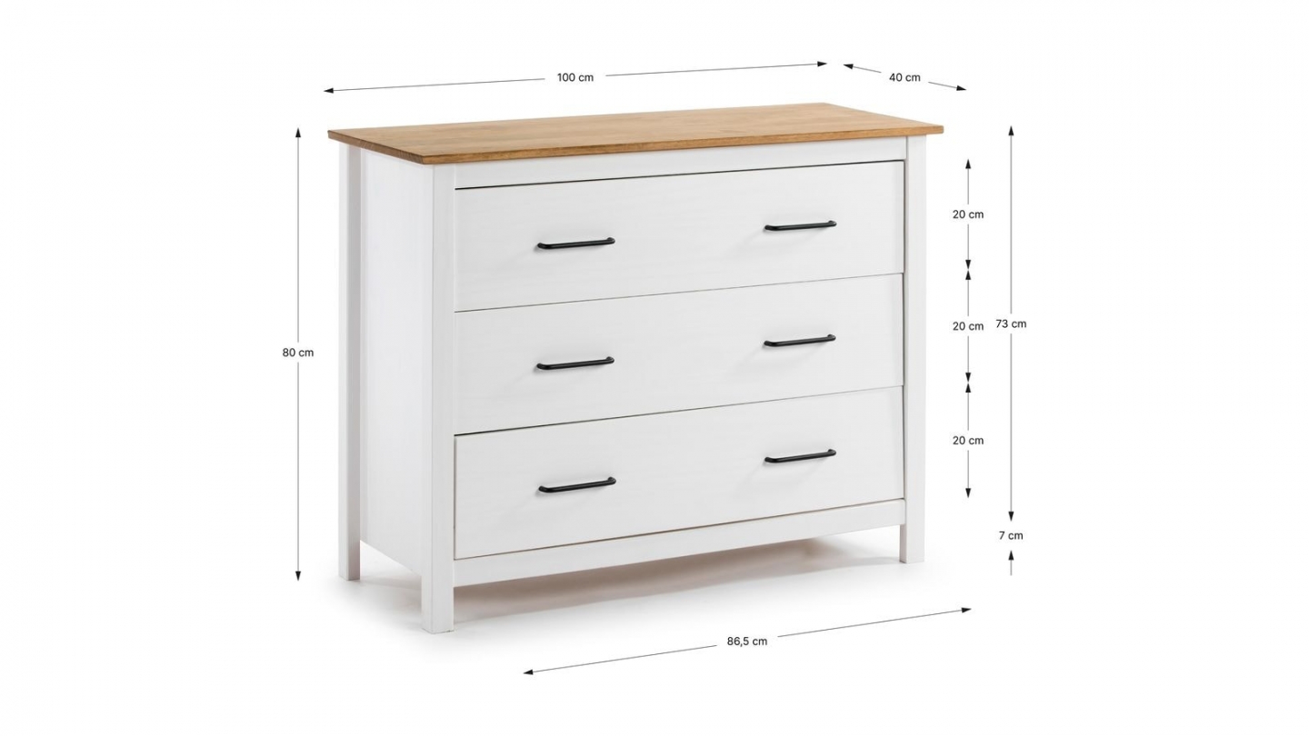 Commode 3 tiroirs en bois massif blanc 100 cm - Ida