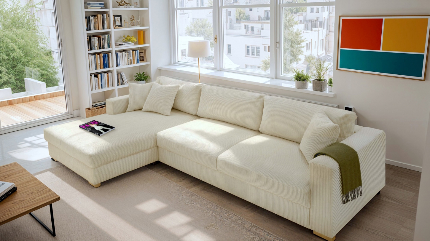 Canapé d'angle gauche convertible 5 places en velours côtelé beige avec coffre de rangement - Collection Robin