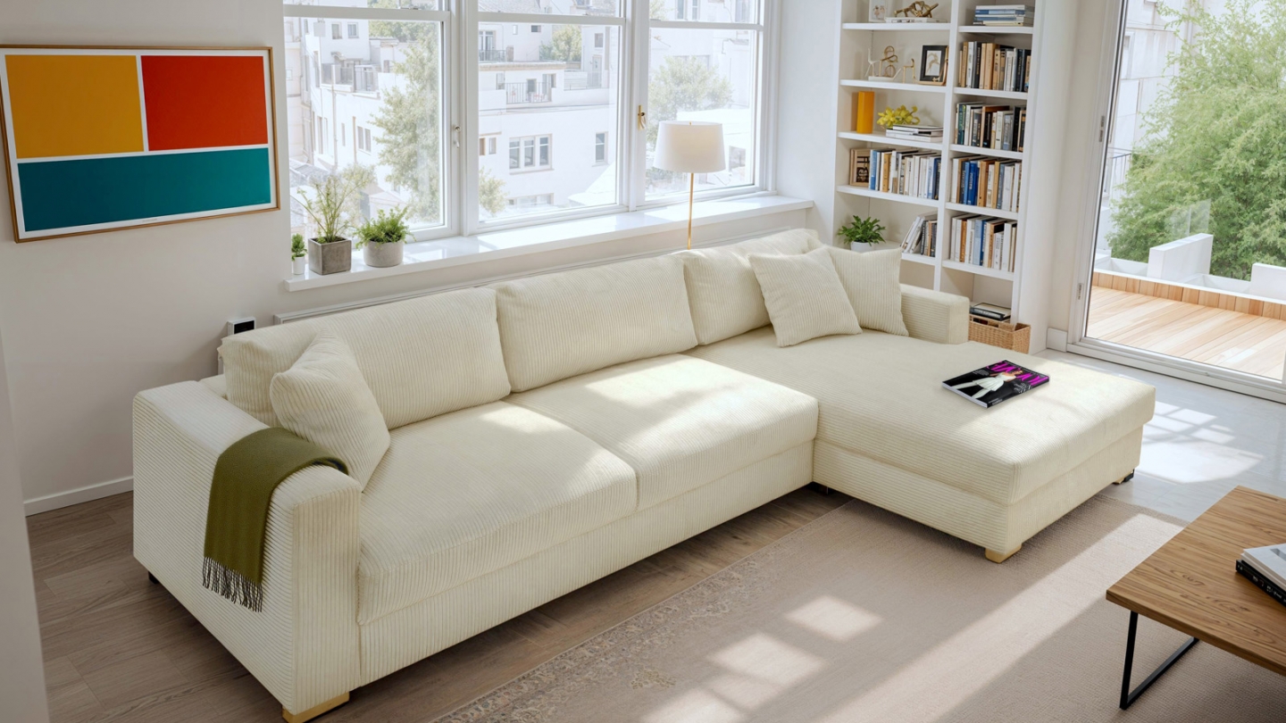 Canapé d'angle droit convertible 5 places en velours côtelé beige avec coffre de rangement - Collection Robin