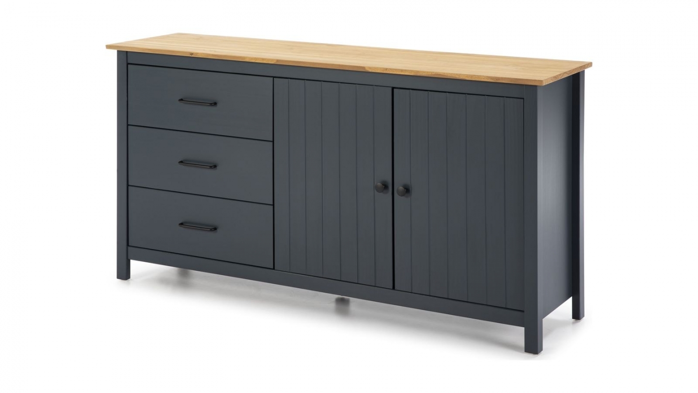 Buffet 2 portes 3 tiroirs en bois massif bleu 150 cm - Ida