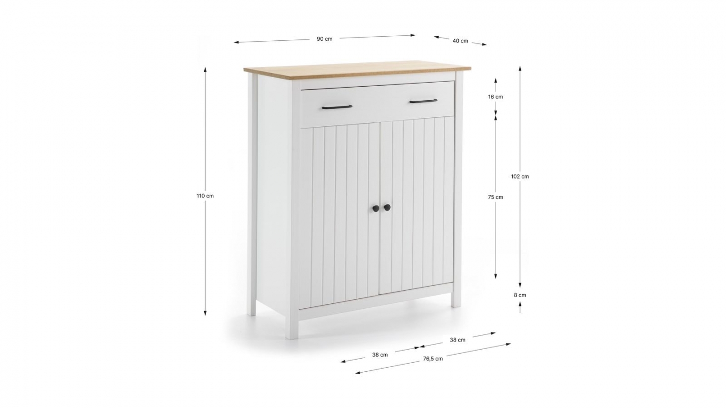 Buffet 2 portes 1 tiroir en bois massif blanc 90 cm - Ida