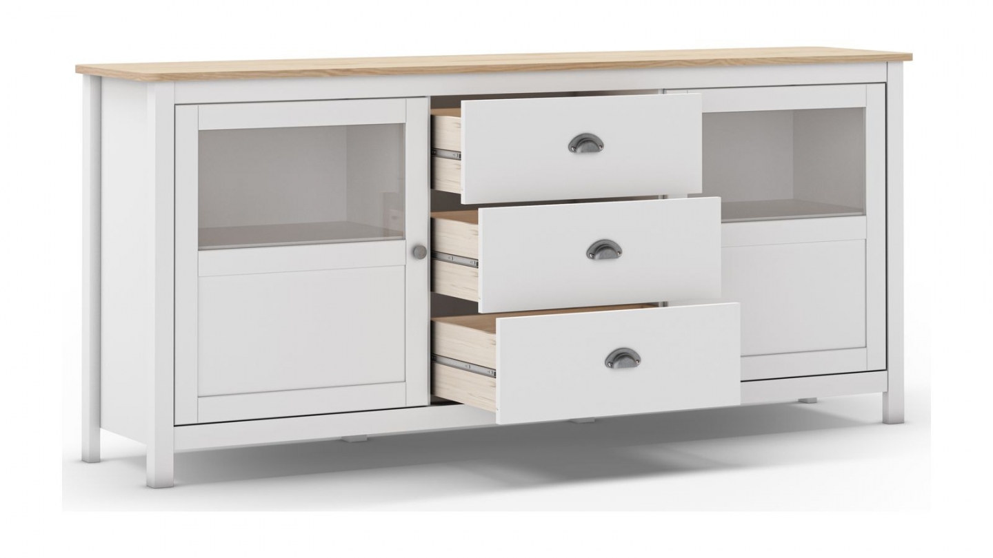 Buffet 2 portes 3 tiroirs en bois massif blanc 180 cm - Macha