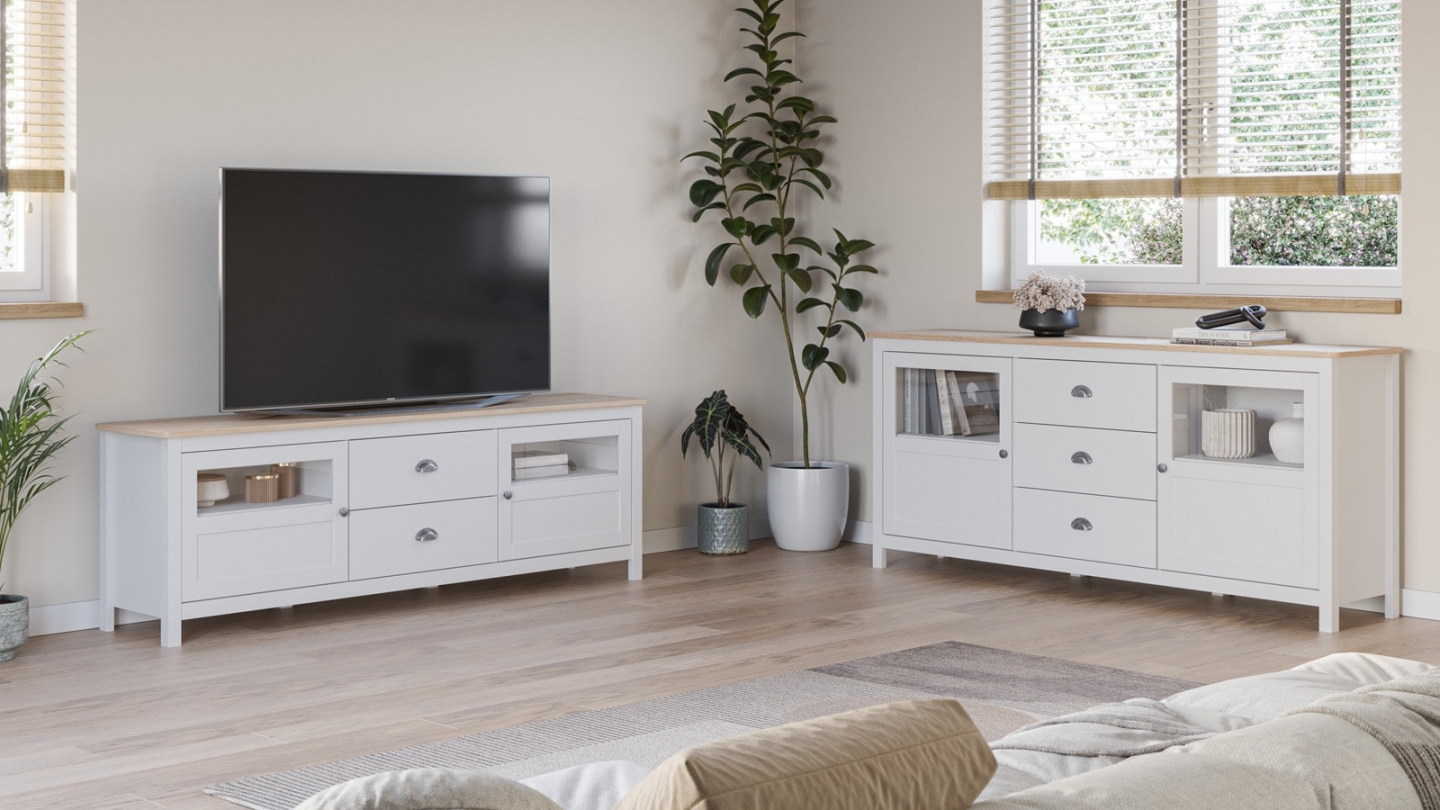 Buffet 2 portes 3 tiroirs en bois massif blanc 180 cm - Macha