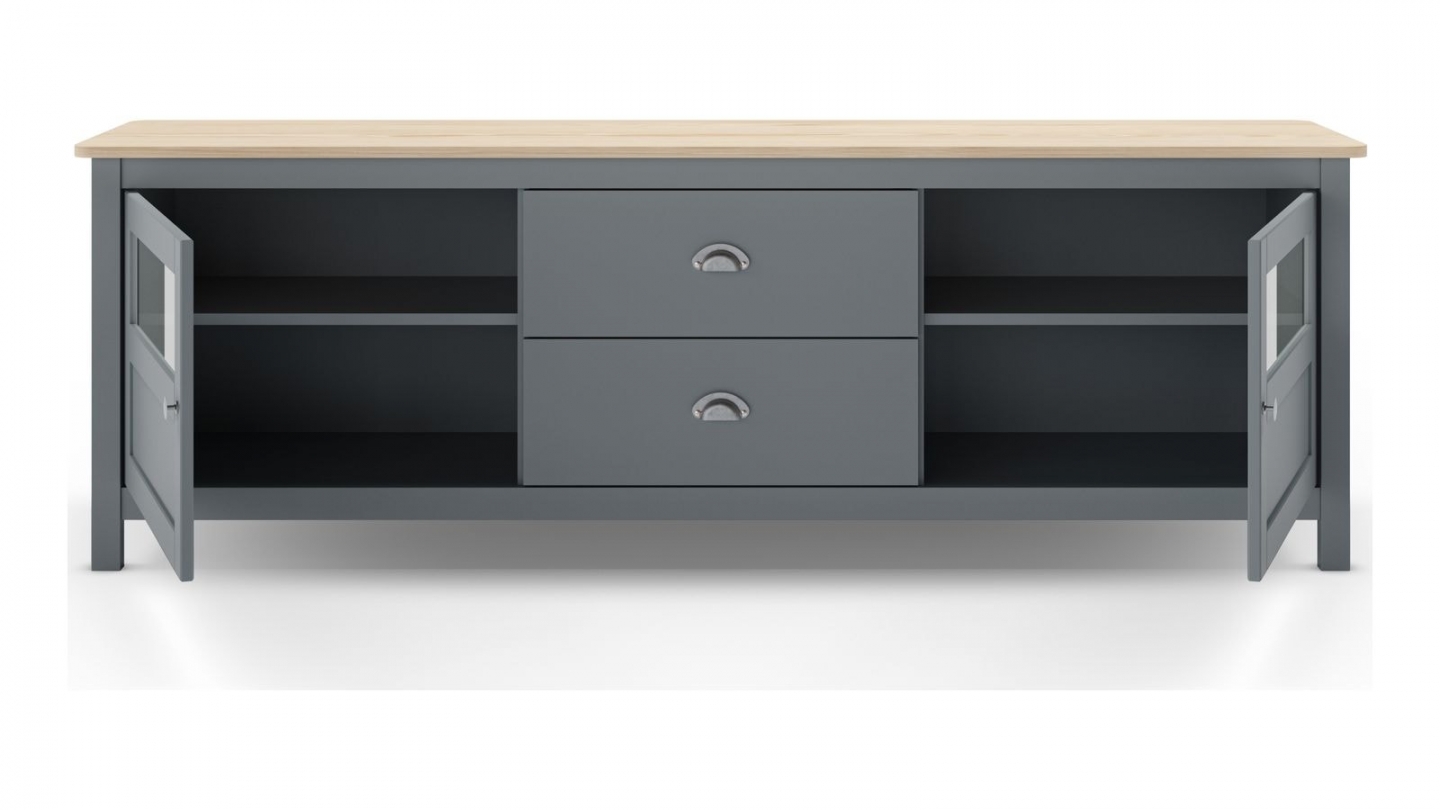Meuble TV 2 portes 2 tiroirs en bois massif vert kaki 180 cm - Macha