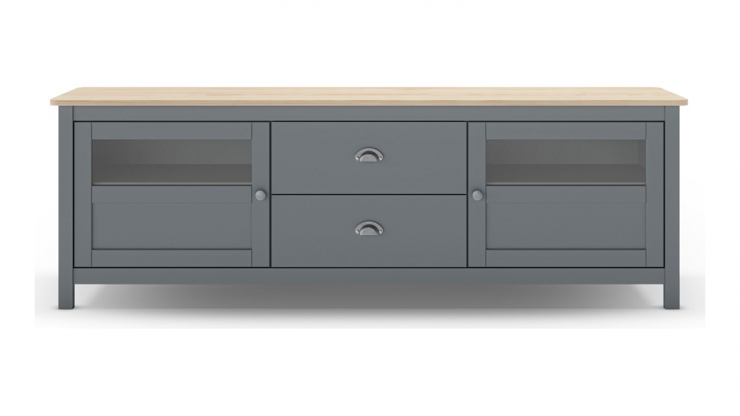 Meuble TV 2 portes 2 tiroirs en bois massif vert kaki 180 cm - Macha
