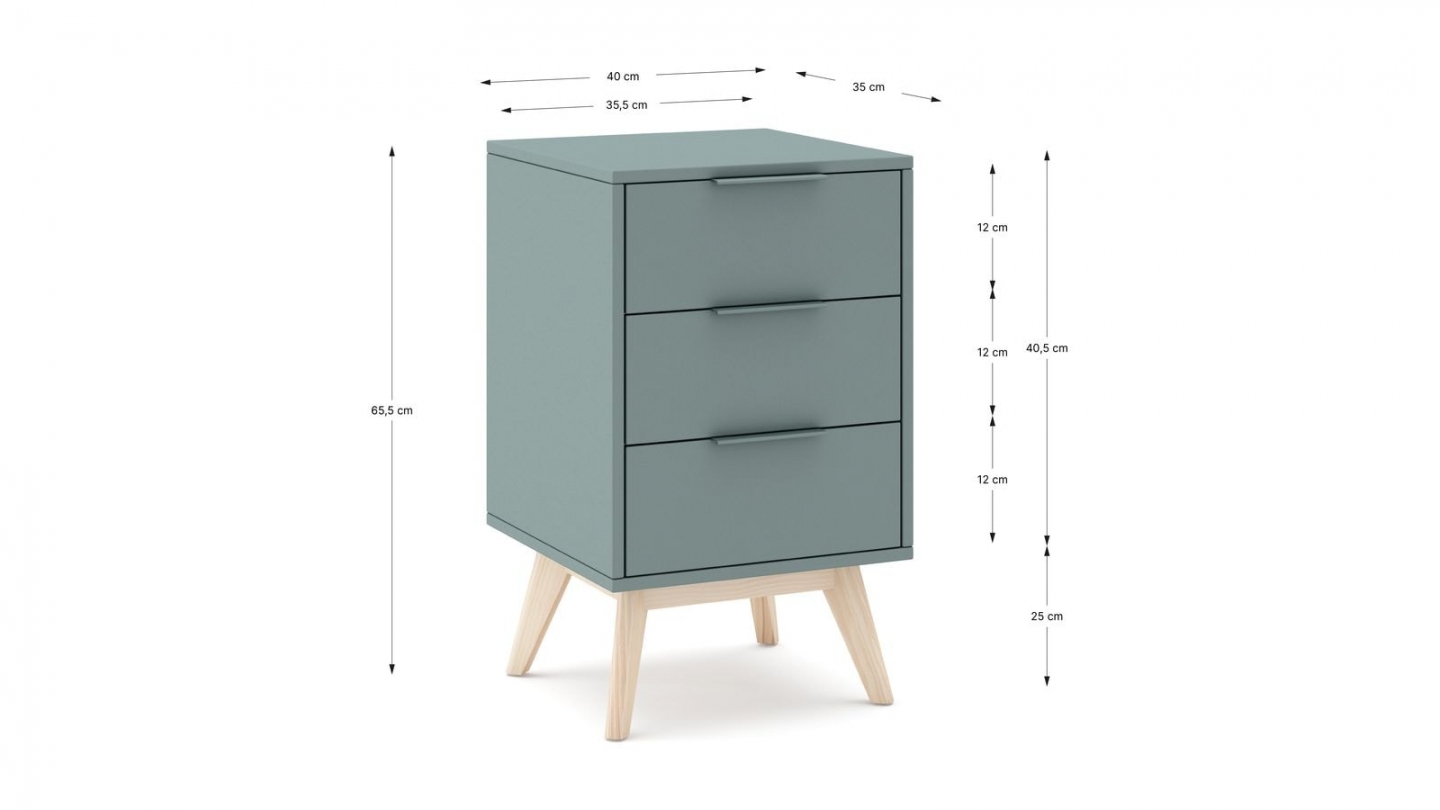 Table de chevet 3 tiroirs en bois vert kaki - Piera