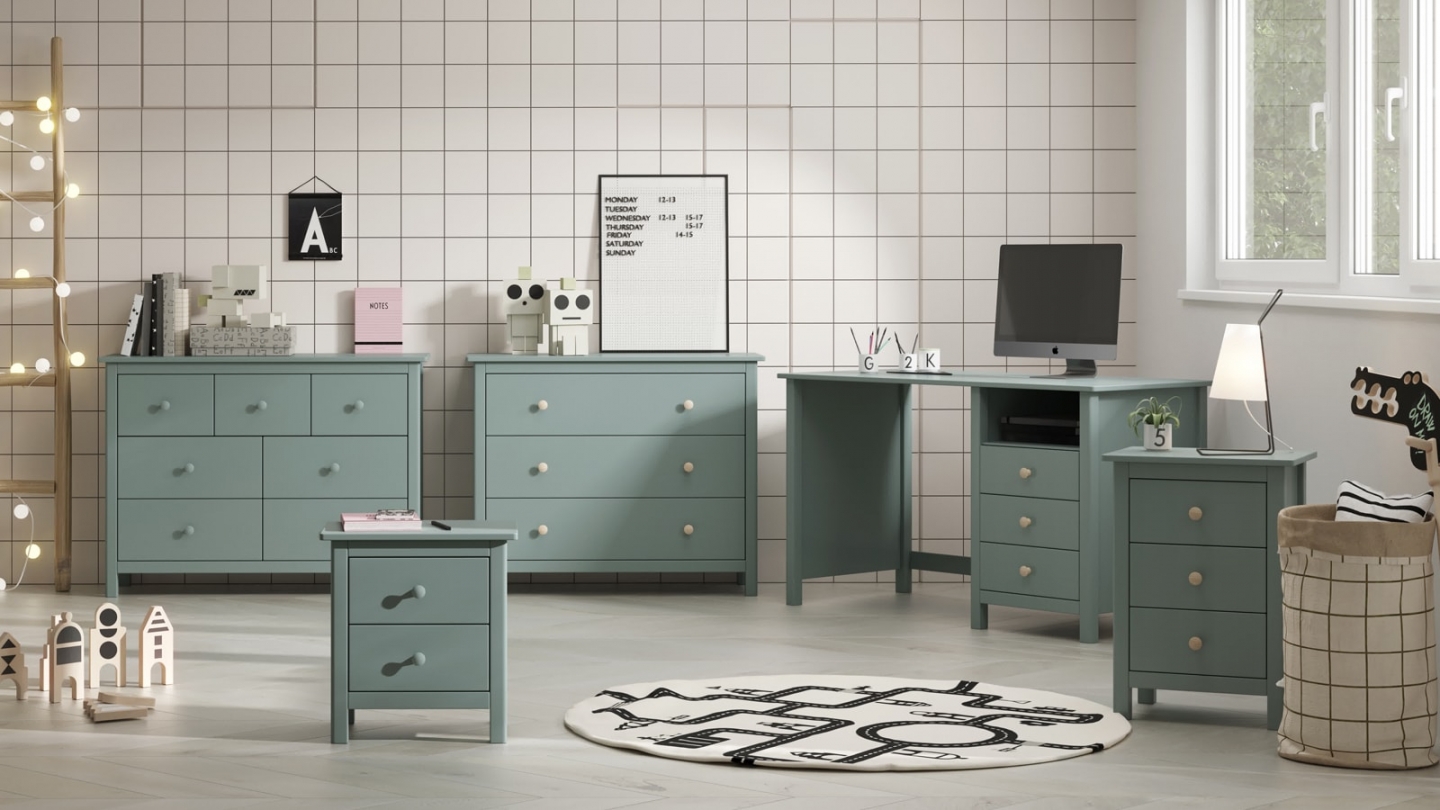 Commode enfant 7 tiroirs en bois massif vert pétrole 110 - Melvin