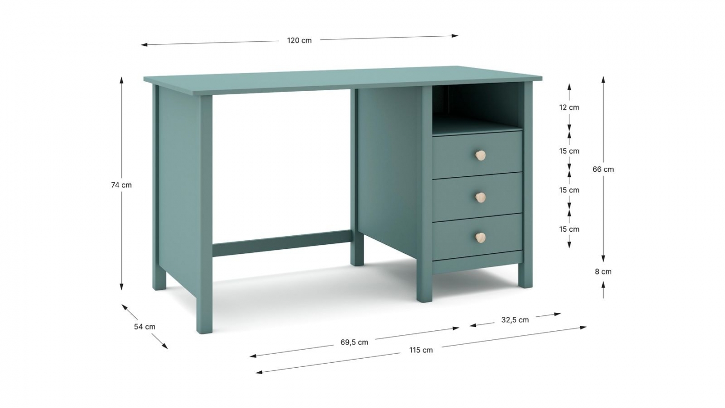 Bureau enfant 3 tiroirs en bois massif vert pétrole 120cm - Melvin