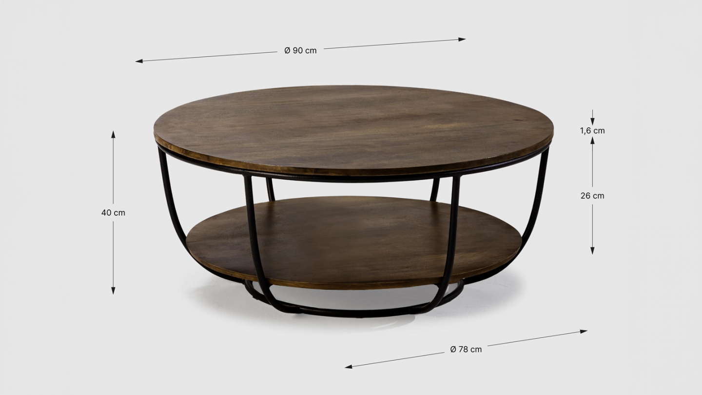 Table basse ronde en bois de manguier et métal Ø90xH40 cm - Pandora