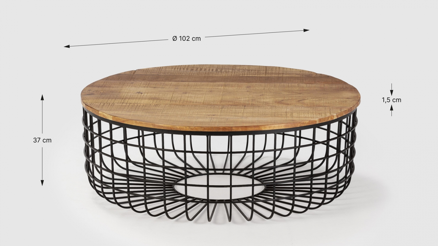 Table basse ronde en bois massif et métal Ø102xH37 cm - Soria