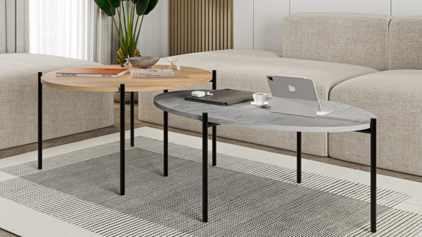 Lot de 2 tables basses gigognes effet chêne et effet marbre gris - Loris