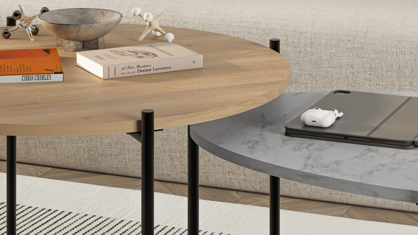 Lot de 2 tables basses gigognes effet chêne et effet marbre gris - Loris