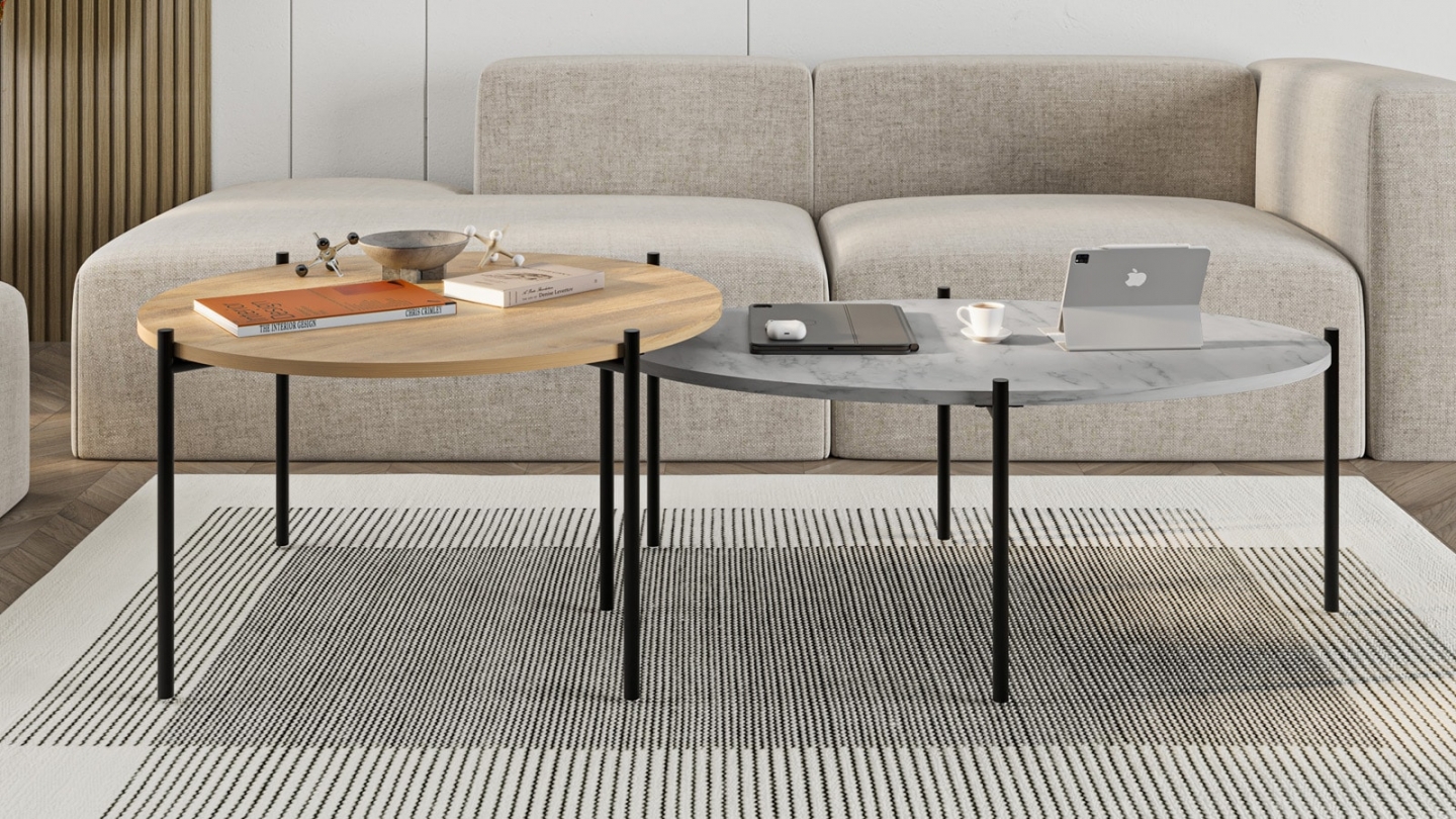 Lot de 2 tables basses gigognes effet chêne et effet marbre gris - Loris