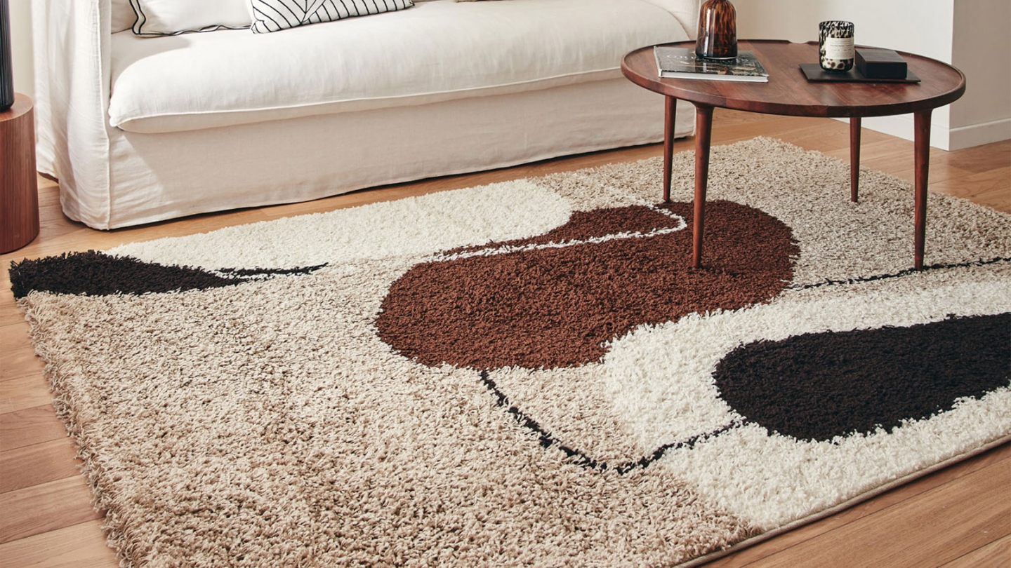 Tapis shaggy motif abstrait marron beige 200x280 cm - Finley