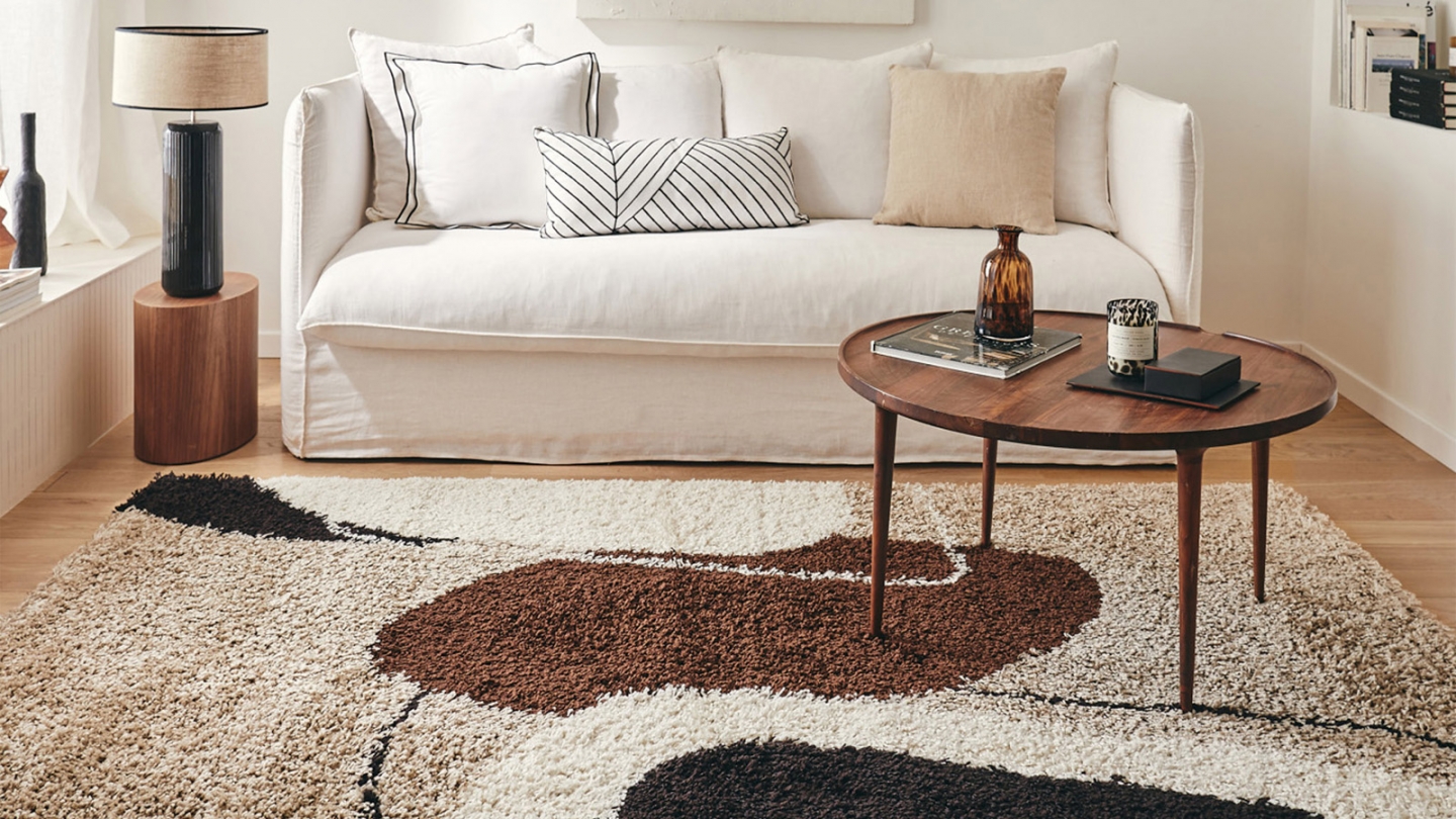 Tapis shaggy motif abstrait marron beige 200x280 cm - Finley