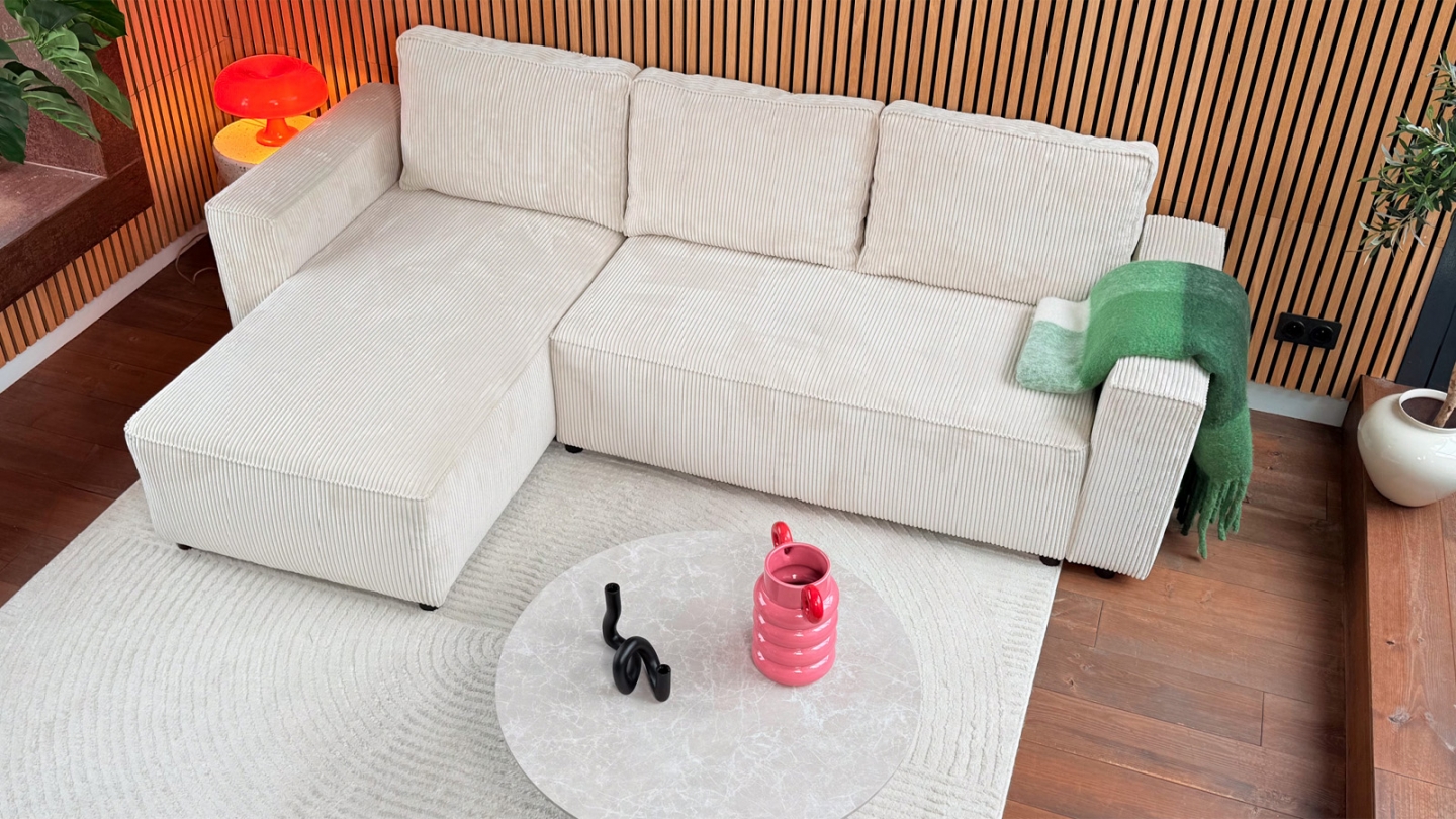 Canapé d'angle réversible convertible 4 places en velours côtelé beige - Théa