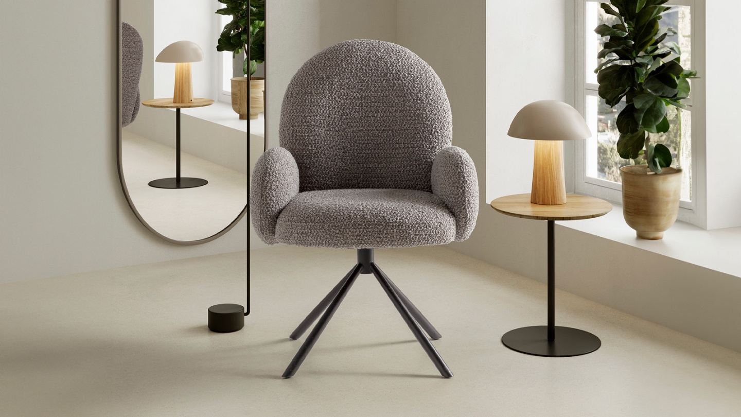 Fauteuil de table pivotant en tissu bouclé gris clair - Opaline