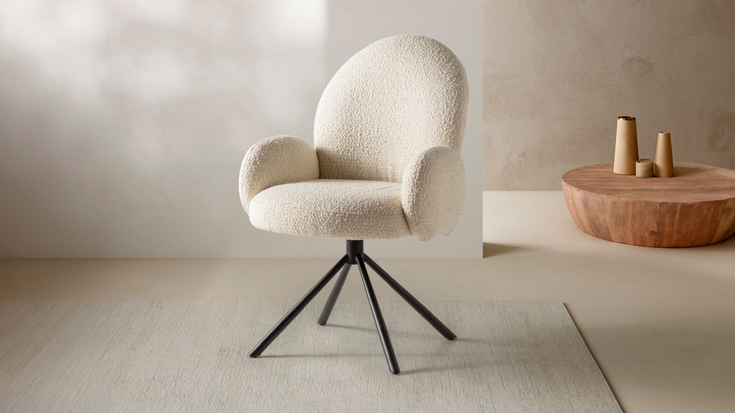 Fauteuil de table pivotant en tissu bouclé blanc - Opaline