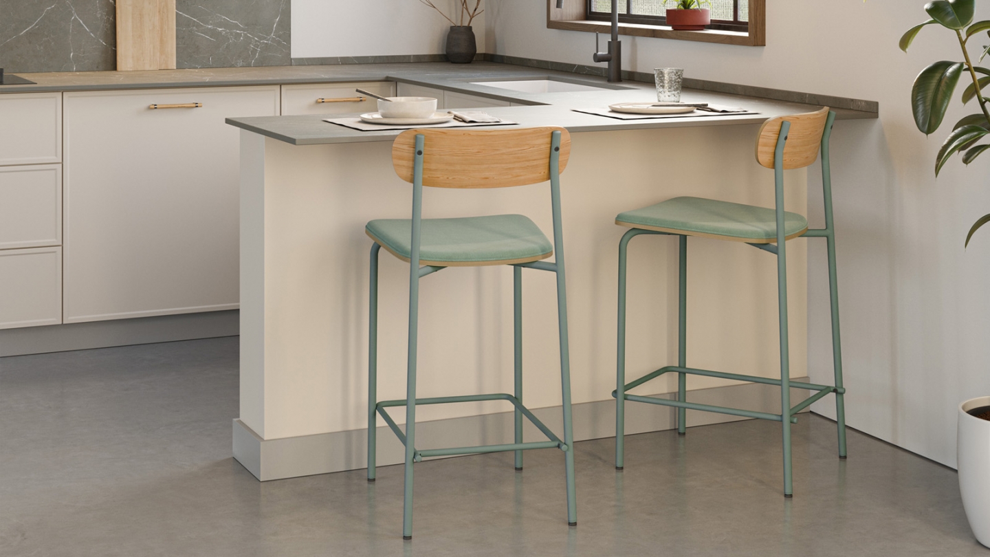 Lot de 2 tabourets de bar en tissu aigue-marine et effet bois - Svala