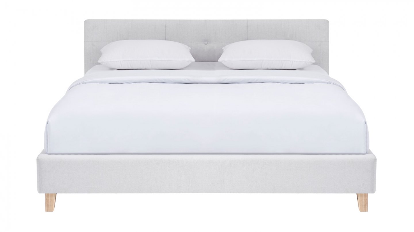 Lit adulte 140x190 cm avec tête de lit capitonnée en tissu beige - Milo