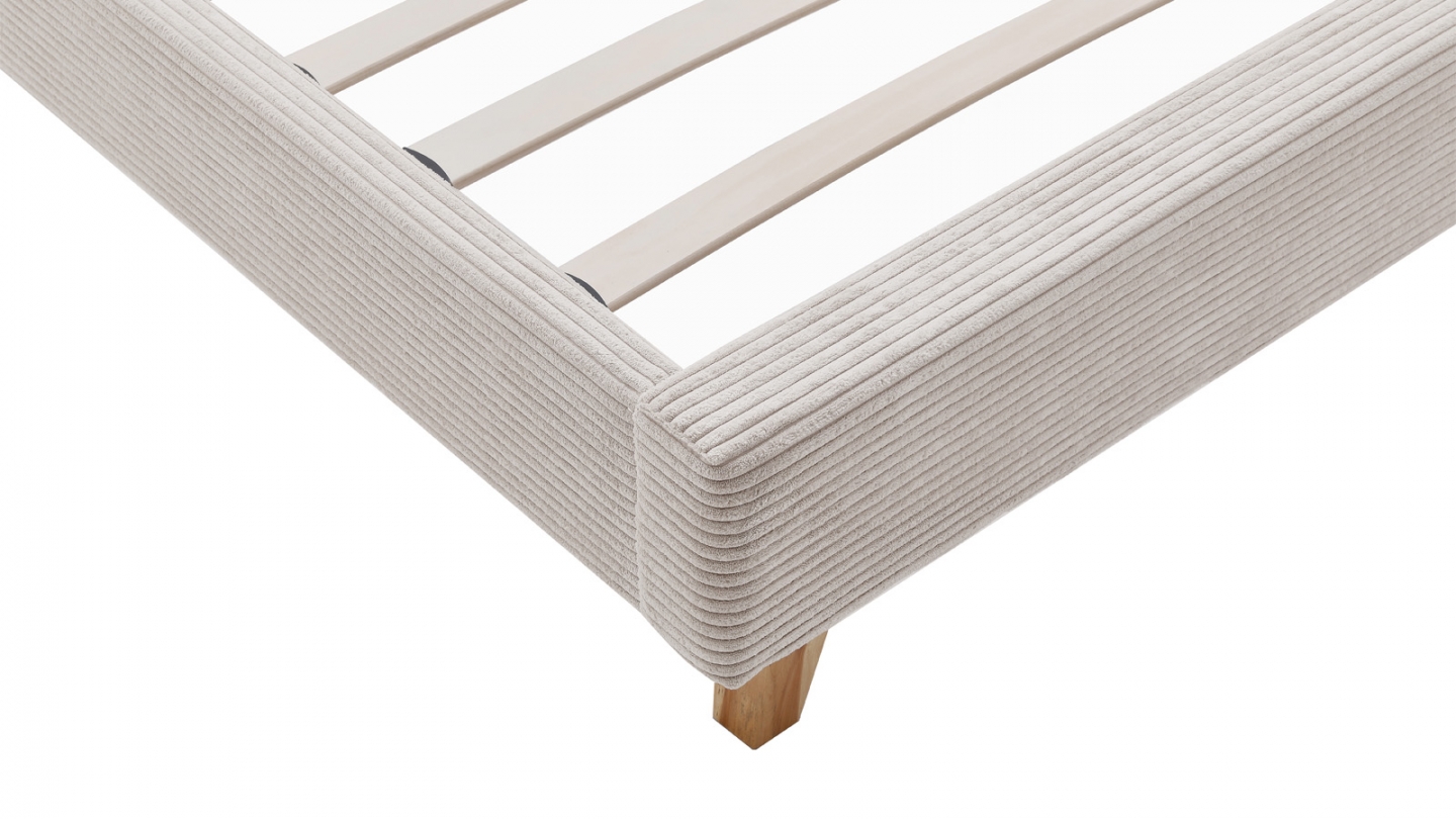 Lit adulte 140x190 cm avec tête de lit capitonnée en velours côtelé beige - Milo