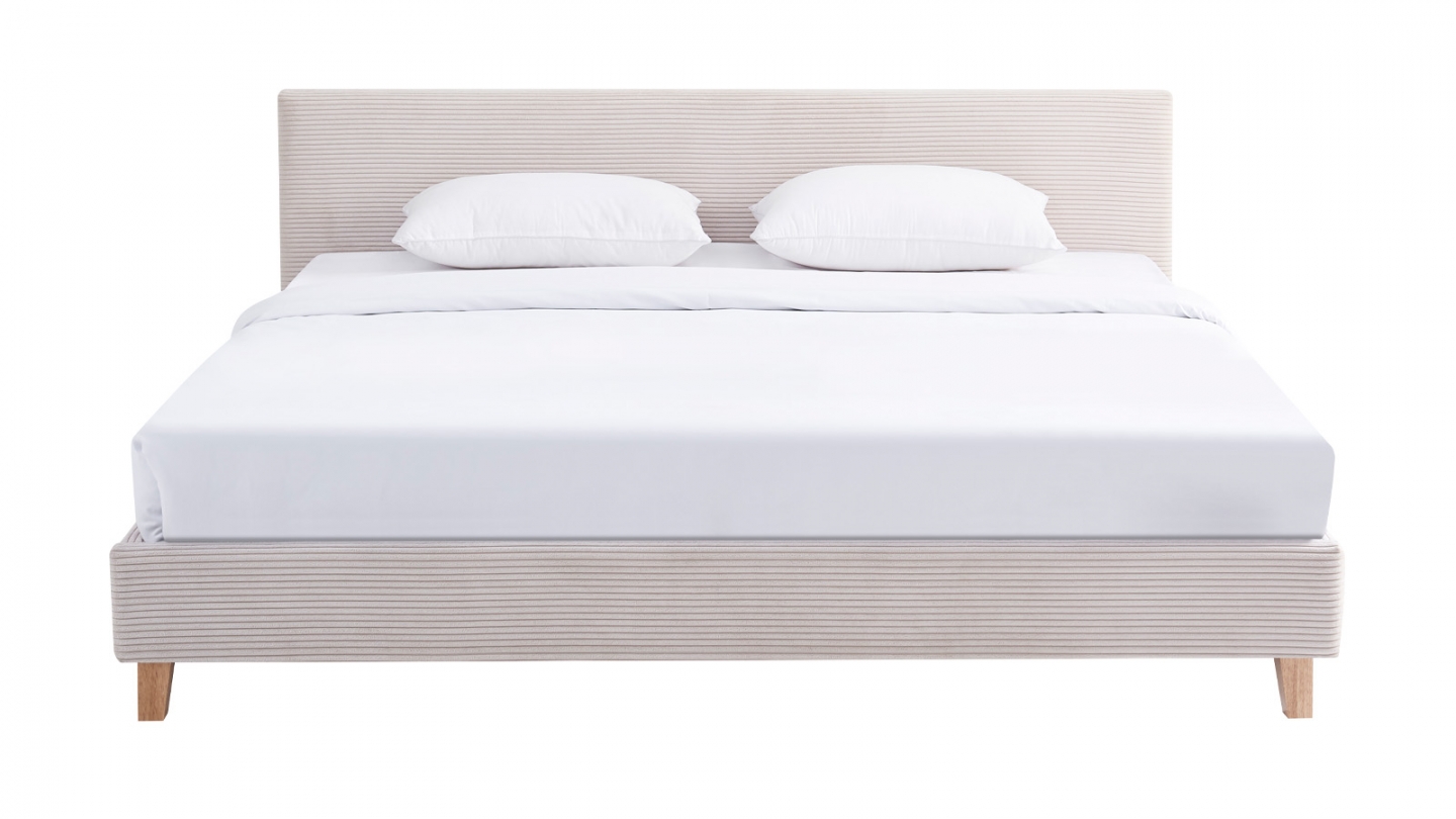 Lit adulte 180x200 cm avec tête de lit capitonnée en velours côtelé beige - Milo