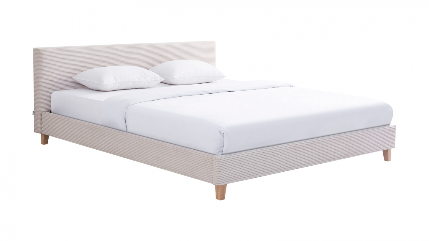 Lit adulte 180x200 cm avec tête de lit capitonnée en velours côtelé beige - Milo