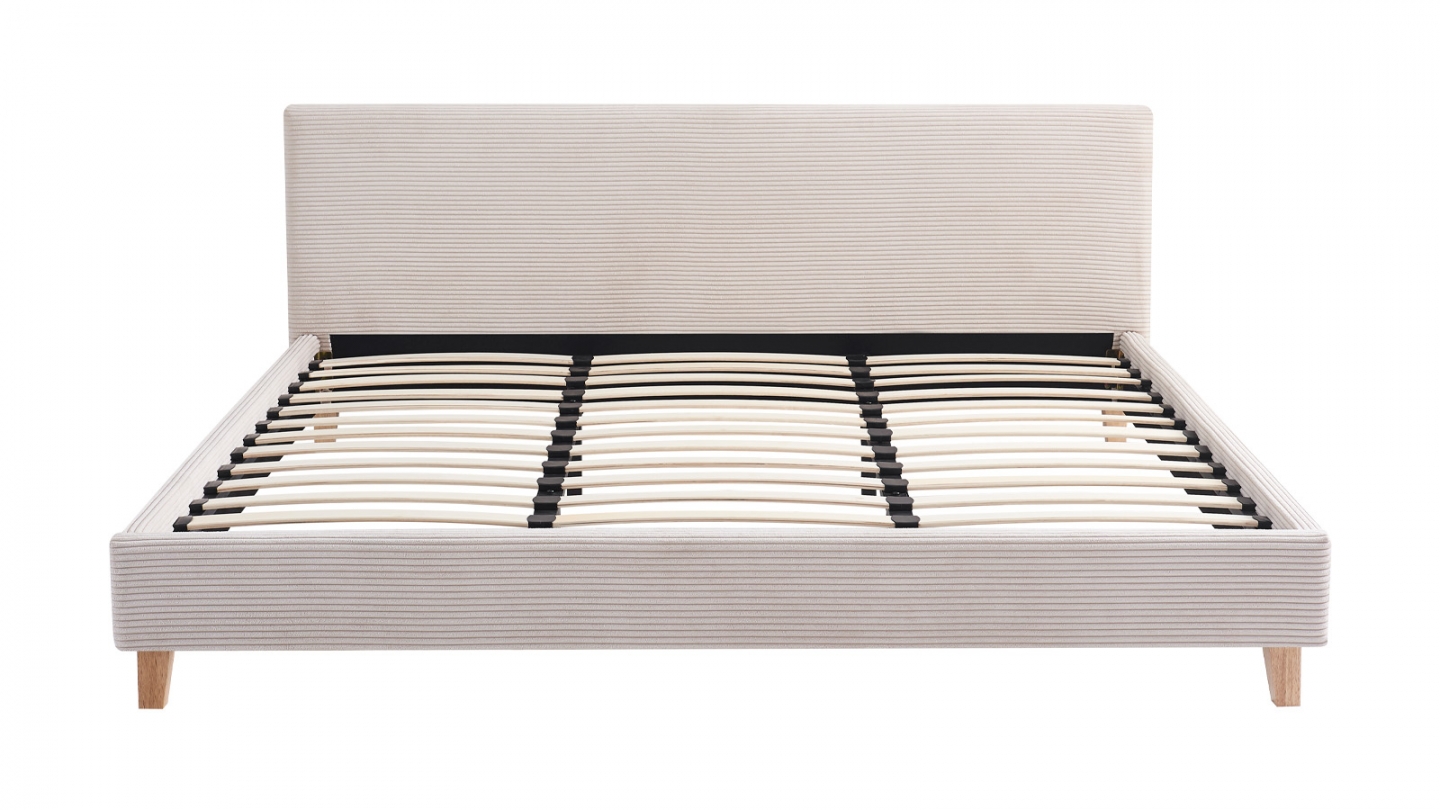 Lit adulte 180x200 cm avec tête de lit capitonnée en velours côtelé beige - Milo