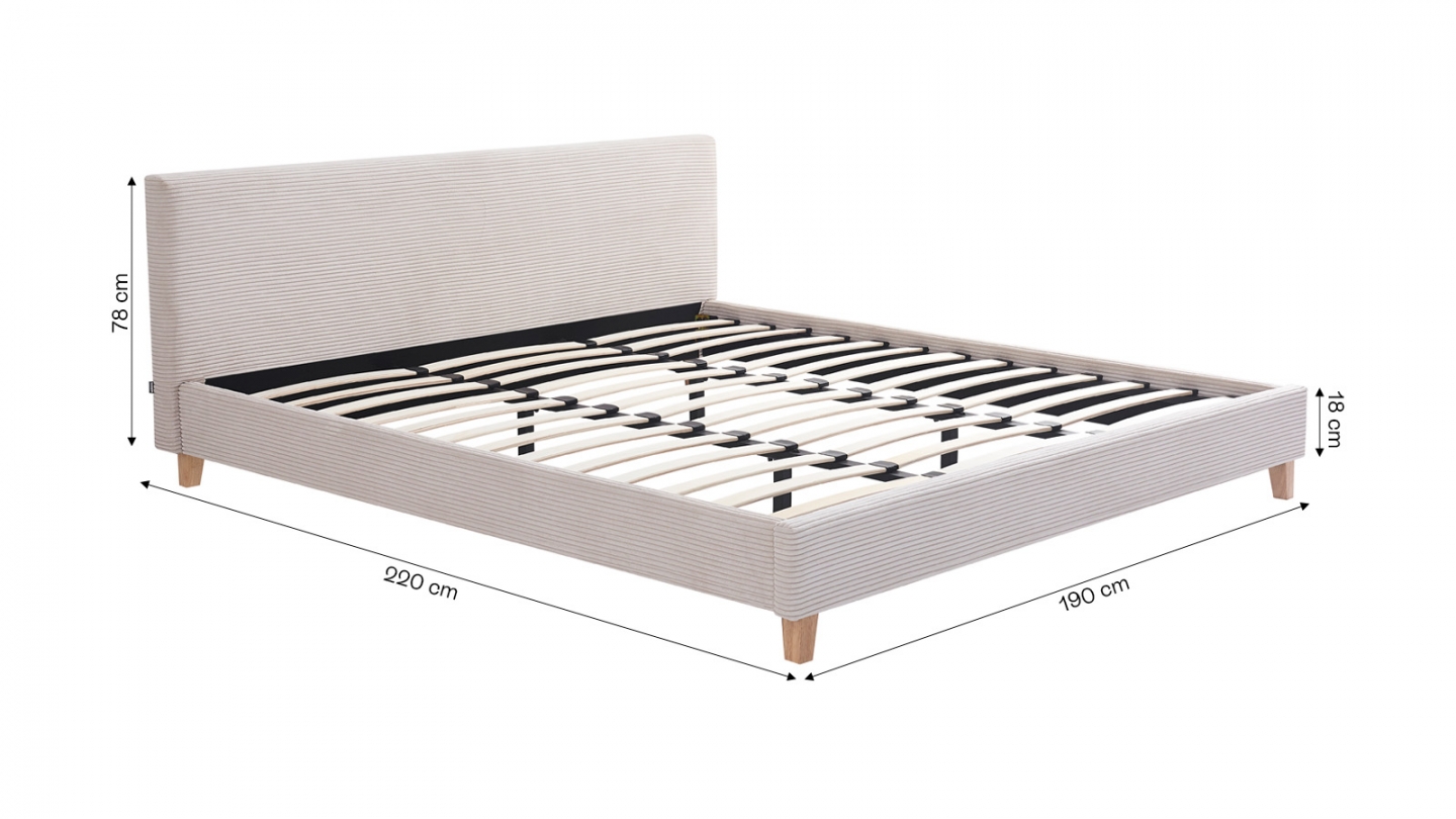 Lit adulte 180x200 cm avec tête de lit capitonnée en velours côtelé beige - Milo