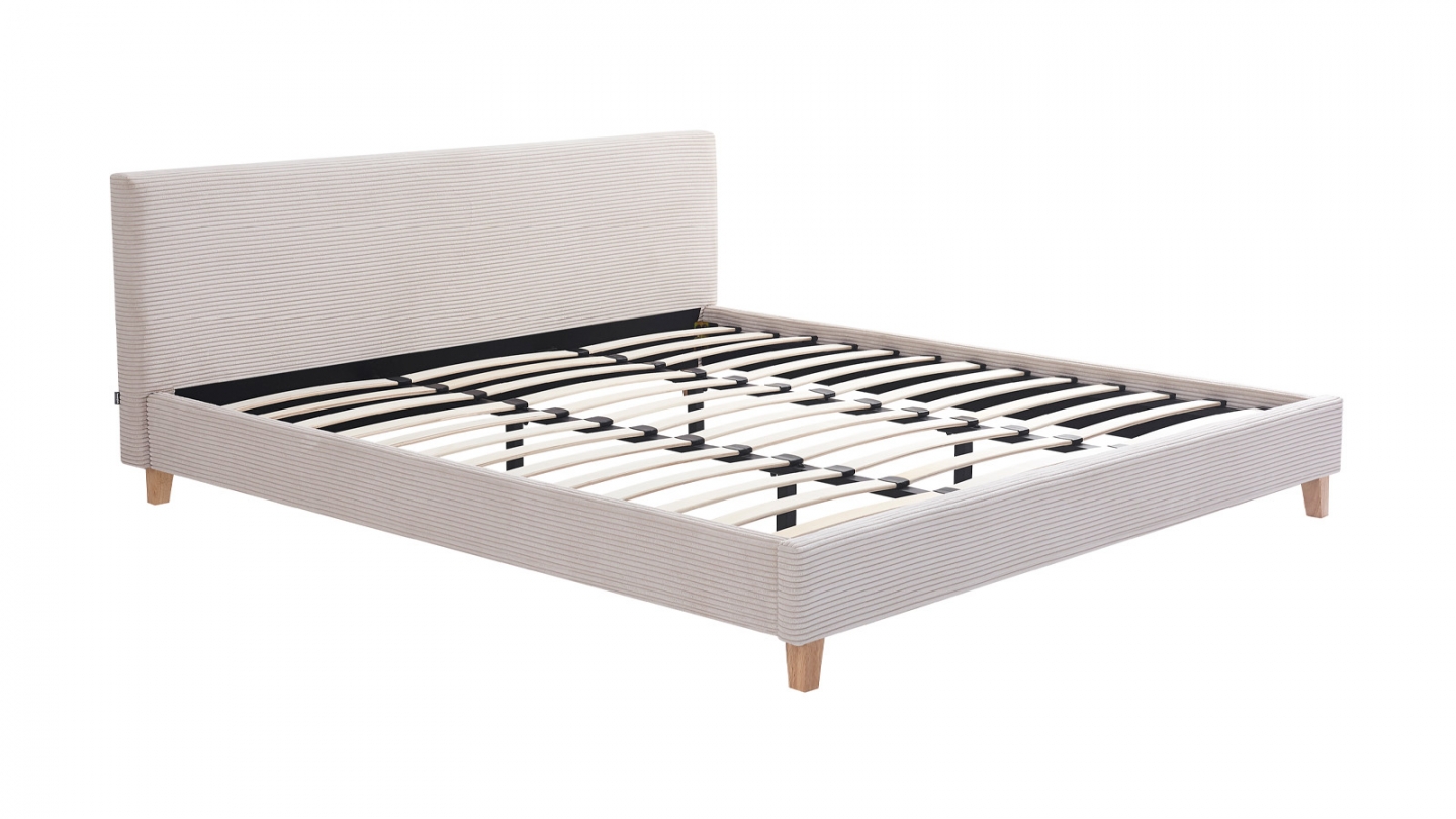 Lit adulte 180x200 cm avec tête de lit capitonnée en velours côtelé beige - Milo