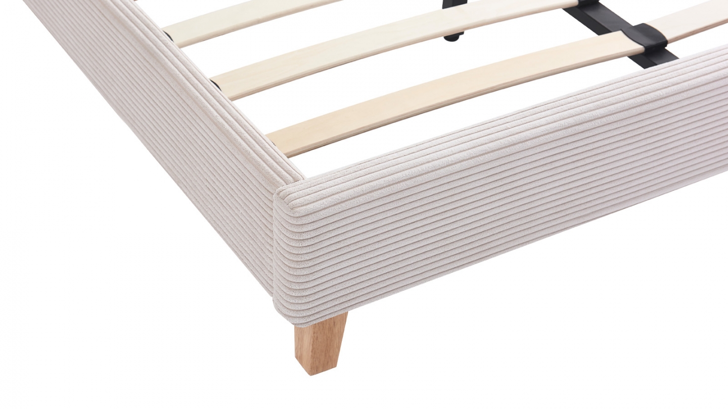 Lit adulte 180x200 cm avec tête de lit capitonnée en velours côtelé beige - Milo