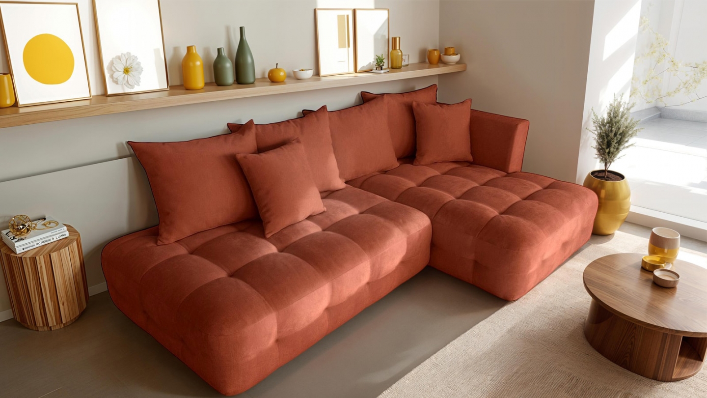 Canapé d'angle ouvert à droite convertible 3 places avec coffre de rangement en tissu chenille terracotta - Léo