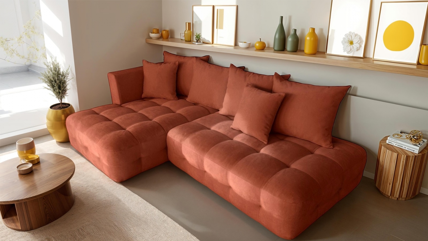 Canapé d'angle ouvert à gauche convertible 3 places avec coffre de rangement en tissu chenille terracotta - Léo