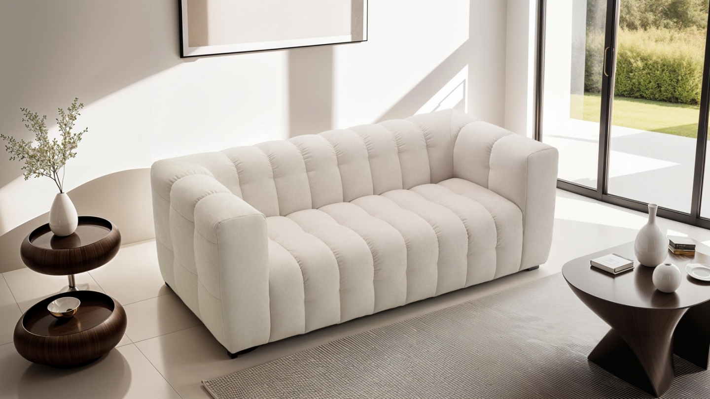 Canapé capitonné 3 places en tissu chenille beige - Cester