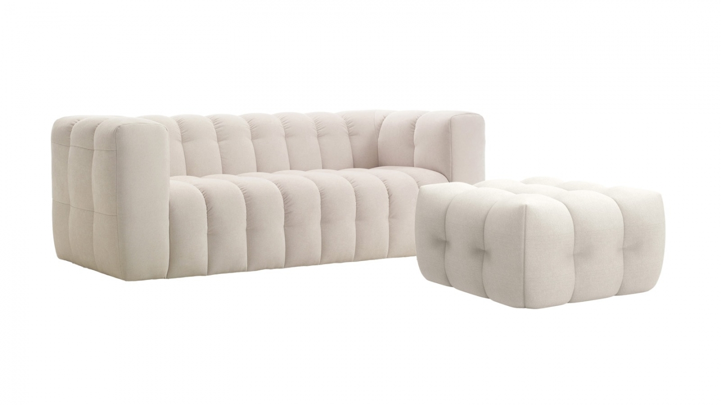Canapé capitonné 3 places en tissu chenille beige - Cester