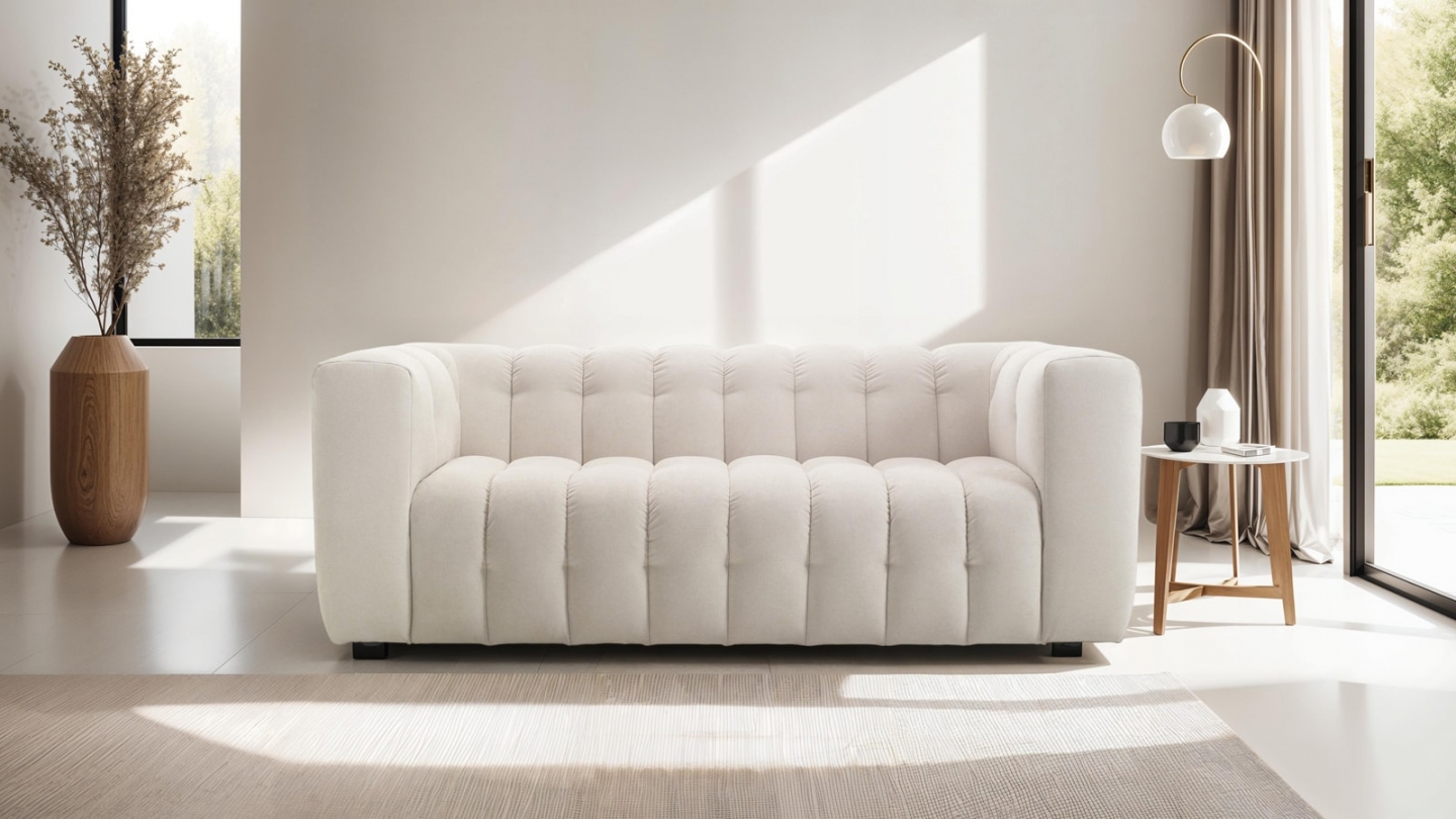 Ensemble Canapé capitonné 3 places + Pouf en tissu chenille beige - Cester