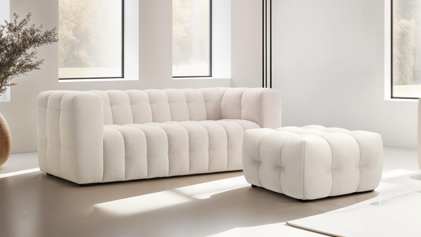 Ensemble Canapé capitonné 3 places + Pouf en tissu chenille beige - Cester