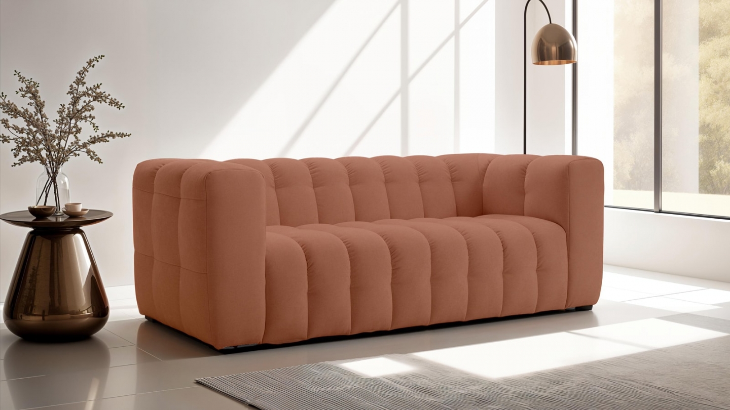Canapé capitonné 3 places en tissu chenille terracotta - Cester